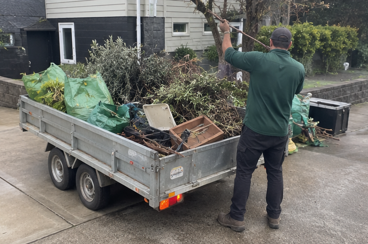 Organised outdoor property clean-up in progress
