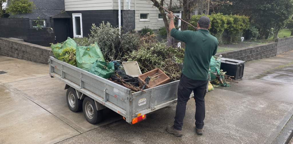 Organised outdoor property clean-up in progress